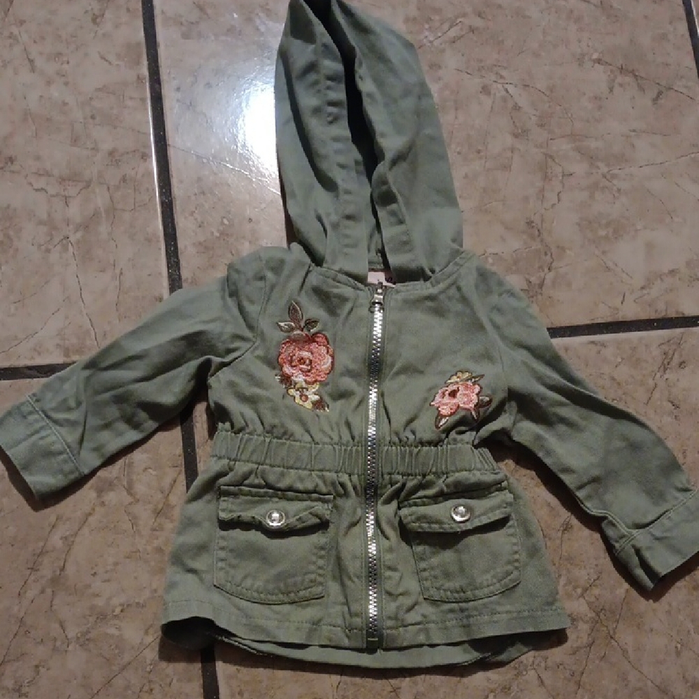 Green Hooded Jacket with Floral Embroidery